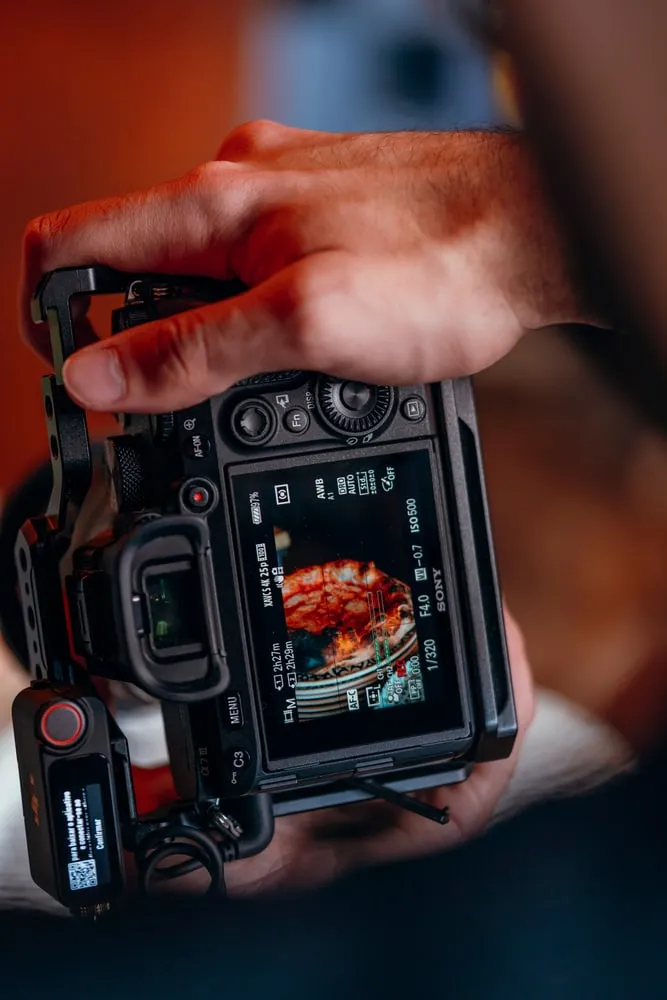 O ecrã da câmara com a fotografia de uma pizza